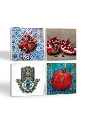 Nar, Fatma Ana Eli (Hamsa) Taş Bardak Altlığı Masaüstü Koruyucu Altlık 4 Parça Set 10x10cm Stone Coasters