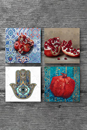 Nar, Fatma Ana Eli (Hamsa) Taş Bardak Altlığı Masaüstü Koruyucu Altlık 4 Parça Set 10x10cm Stone Coasters
