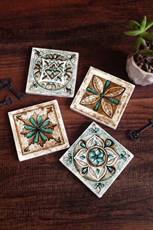 Fas Desenli Vintage, Çini Sanatı Taş Bardak Altlığı Masaüstü Koruyucu Altlık 4 Parça Set 10x10cm Stone Coasters