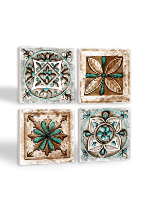 Fas Desenli Vintage, Çini Sanatı Taş Bardak Altlığı Masaüstü Koruyucu Altlık 4 Parça Set 10x10cm Stone Coasters