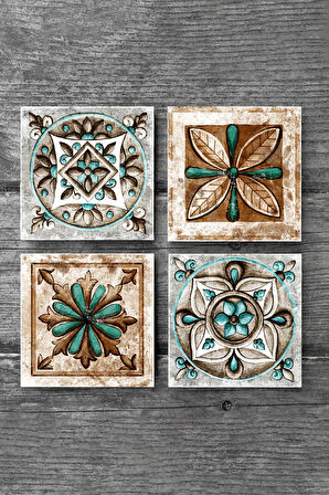 Fas Desenli Vintage, Çini Sanatı Taş Bardak Altlığı Masaüstü Koruyucu Altlık 4 Parça Set 10x10cm Stone Coasters