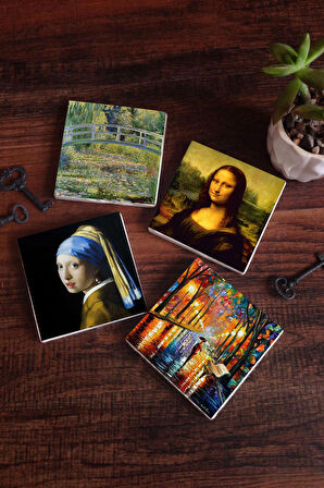 İnci Küpeli Kız, Fenerler, Monet Nilüfer Gölü, Da Vinci Mona Lisa Taş Bardak Altlığı Masaüstü Koruyucu Altlık 4 Parça Set 10x10cm Stone Coasters