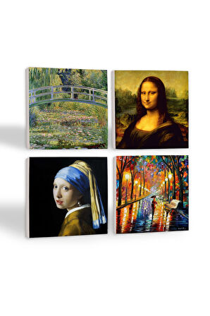 İnci Küpeli Kız, Fenerler, Monet Nilüfer Gölü, Da Vinci Mona Lisa Taş Bardak Altlığı Masaüstü Koruyucu Altlık 4 Parça Set 10x10cm Stone Coasters