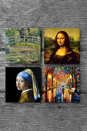 İnci Küpeli Kız, Fenerler, Monet Nilüfer Gölü, Da Vinci Mona Lisa Taş Bardak Altlığı Masaüstü Koruyucu Altlık 4 Parça Set 10x10cm Stone Coasters