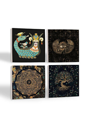 Horus'un Gözü, Sri Yantra, Hayat Ağacı, Şahmeran Taş Bardak Altlığı Masaüstü Koruyucu Altlık 4 Parça Set 10x10cm Stone Coasters