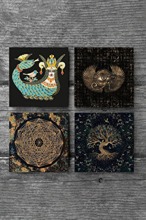 Horus'un Gözü, Sri Yantra, Hayat Ağacı, Şahmeran Taş Bardak Altlığı Masaüstü Koruyucu Altlık 4 Parça Set 10x10cm Stone Coasters