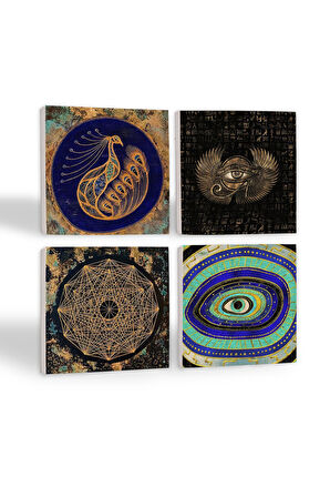 Nazar, Horus'un Gözü, Sri Yantra, Tavus Kuşu Taş Bardak Altlığı Masaüstü Koruyucu Altlık 4 Parça Set 10x10cm Stone Coasters