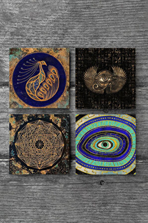Nazar, Horus'un Gözü, Sri Yantra, Tavus Kuşu Taş Bardak Altlığı Masaüstü Koruyucu Altlık 4 Parça Set 10x10cm Stone Coasters