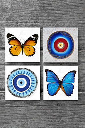 Nazar, Kelebek Taş Bardak Altlığı Masaüstü Koruyucu Altlık 4 Parça Set 10x10cm Stone Coasters