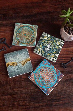 Hayat Ağacı, Michelangelo Adem'in Yaratılışı, Yaşam Çiçeği Taş Bardak Altlığı Masaüstü Koruyucu Altlık 4 Parça Set 10x10cm Stone Coasters