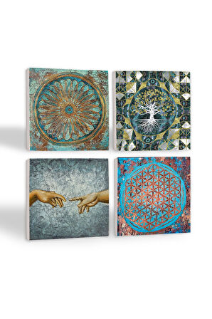 Hayat Ağacı, Michelangelo Adem'in Yaratılışı, Yaşam Çiçeği Taş Bardak Altlığı Masaüstü Koruyucu Altlık 4 Parça Set 10x10cm Stone Coasters
