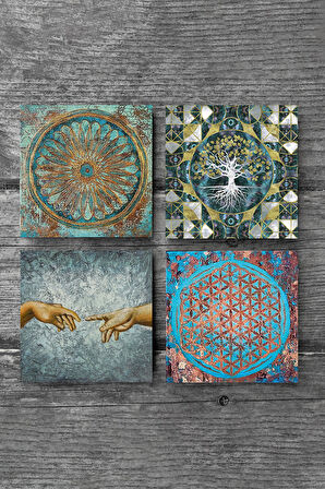 Hayat Ağacı, Michelangelo Adem'in Yaratılışı, Yaşam Çiçeği Taş Bardak Altlığı Masaüstü Koruyucu Altlık 4 Parça Set 10x10cm Stone Coasters