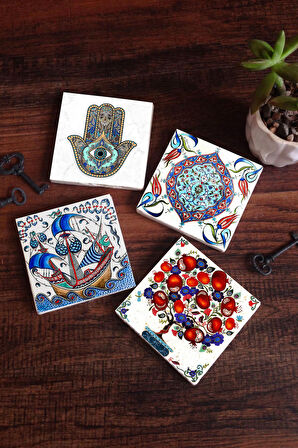 Çini Sanatı, Yelkenli Gemi, Nar Ağacı, Fatma Ana Eli (Hamsa) Taş Bardak Altlığı Masaüstü Koruyucu Altlık 4 Parça Set 10x10cm Stone Coasters