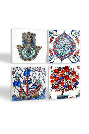 Çini Sanatı, Yelkenli Gemi, Nar Ağacı, Fatma Ana Eli (Hamsa) Taş Bardak Altlığı Masaüstü Koruyucu Altlık 4 Parça Set 10x10cm Stone Coasters