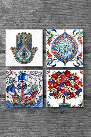 Çini Sanatı, Yelkenli Gemi, Nar Ağacı, Fatma Ana Eli (Hamsa) Taş Bardak Altlığı Masaüstü Koruyucu Altlık 4 Parça Set 10x10cm Stone Coasters