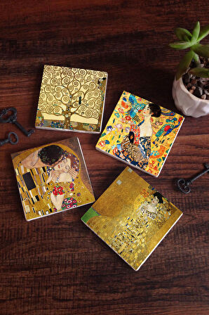 Gustav Klimt Yelpazeli Kadın, Adele Bloch-Bauer'in Portresi, Öpücük, Hayat Ağacı Taş Bardak Altlığı Masaüstü Koruyucu Altlık 4 Parça Set 10x10cm Stone Coasters