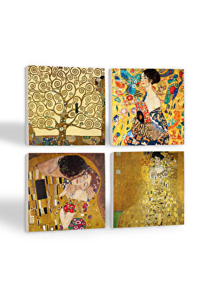 Gustav Klimt Yelpazeli Kadın, Adele Bloch-Bauer'in Portresi, Öpücük, Hayat Ağacı Taş Bardak Altlığı Masaüstü Koruyucu Altlık 4 Parça Set 10x10cm Stone Coasters