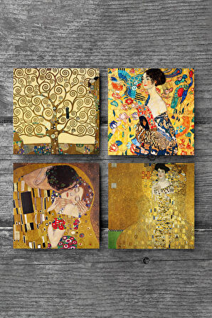 Gustav Klimt Yelpazeli Kadın, Adele Bloch-Bauer'in Portresi, Öpücük, Hayat Ağacı Taş Bardak Altlığı Masaüstü Koruyucu Altlık 4 Parça Set 10x10cm Stone Coasters