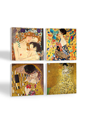 Gustav Klimt Yelpazeli Kadın, Adele Bloch-Bauer'in Portresi, Anne Çocuk, Öpücük Taş Bardak Altlığı Masaüstü Koruyucu Altlık 4 Parça Set 10x10cm Stone Coasters