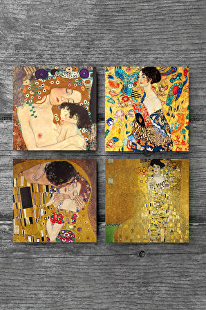 Gustav Klimt Yelpazeli Kadın, Adele Bloch-Bauer'in Portresi, Anne Çocuk, Öpücük Taş Bardak Altlığı Masaüstü Koruyucu Altlık 4 Parça Set 10x10cm Stone Coasters