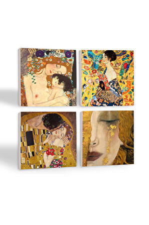 Gustav Klimt Yelpazeli Kadın, Altın Gözyaşları, Anne Çocuk, Öpücük Taş Bardak Altlığı Masaüstü Koruyucu Altlık 4 Parça Set 10x10cm Stone Coasters