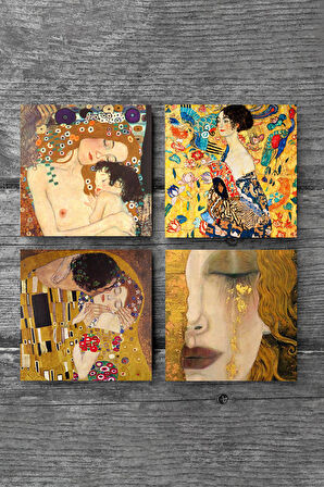 Gustav Klimt Yelpazeli Kadın, Altın Gözyaşları, Anne Çocuk, Öpücük Taş Bardak Altlığı Masaüstü Koruyucu Altlık 4 Parça Set 10x10cm Stone Coasters