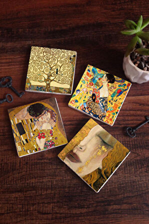 Gustav Klimt Yelpazeli Kadın, Altın Gözyaşları, Öpücük, Hayat Ağacı Taş Bardak Altlığı Masaüstü Koruyucu Altlık 4 Parça Set 10x10cm Stone Coasters