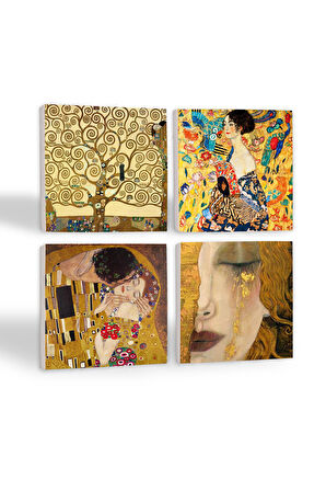 Gustav Klimt Yelpazeli Kadın, Altın Gözyaşları, Öpücük, Hayat Ağacı Taş Bardak Altlığı Masaüstü Koruyucu Altlık 4 Parça Set 10x10cm Stone Coasters