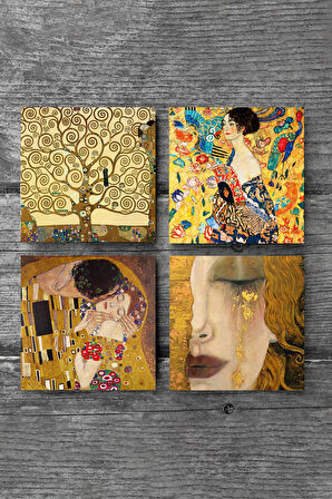Gustav Klimt Yelpazeli Kadın, Altın Gözyaşları, Öpücük, Hayat Ağacı Taş Bardak Altlığı Masaüstü Koruyucu Altlık 4 Parça Set 10x10cm Stone Coasters