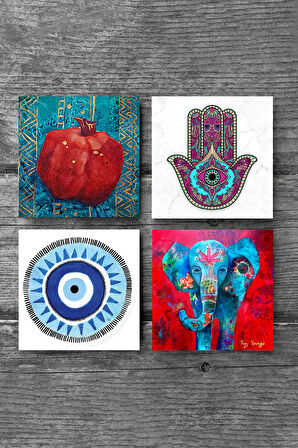 Nazar, Fil, Fatma Ana Eli (Hamsa), Nar Taş Bardak Altlığı Masaüstü Koruyucu Altlık 4 Parça Set 10x10cm Stone Coasters