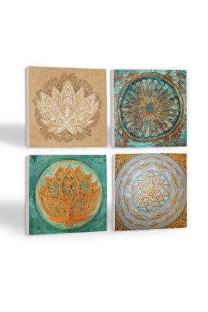Yaşam Çiçeği, Lotus Çiçeği, Sri Yantra Taş Bardak Altlığı Masaüstü Koruyucu Altlık 4 Parça Set 10x10cm Stone Coasters