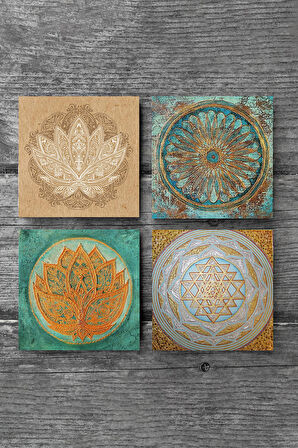 Yaşam Çiçeği, Lotus Çiçeği, Sri Yantra Taş Bardak Altlığı Masaüstü Koruyucu Altlık 4 Parça Set 10x10cm Stone Coasters