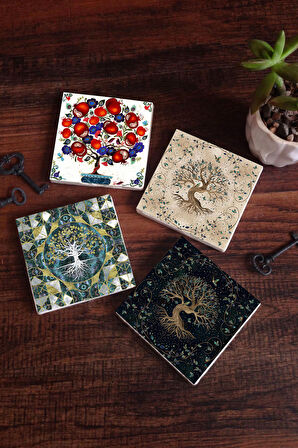 Hayat Ağacı, Nar Ağacı Taş Bardak Altlığı Masaüstü Koruyucu Altlık 4 Parça Set 10x10cm Stone Coasters