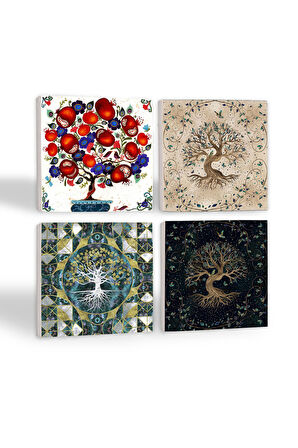 Hayat Ağacı, Nar Ağacı Taş Bardak Altlığı Masaüstü Koruyucu Altlık 4 Parça Set 10x10cm Stone Coasters