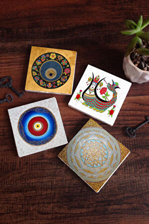Nazar, Sri Yantra, Şahmeran Taş Bardak Altlığı Masaüstü Koruyucu Altlık 4 Parça Set 10x10cm Stone Coasters