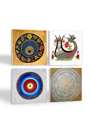 Nazar, Sri Yantra, Şahmeran Taş Bardak Altlığı Masaüstü Koruyucu Altlık 4 Parça Set 10x10cm Stone Coasters