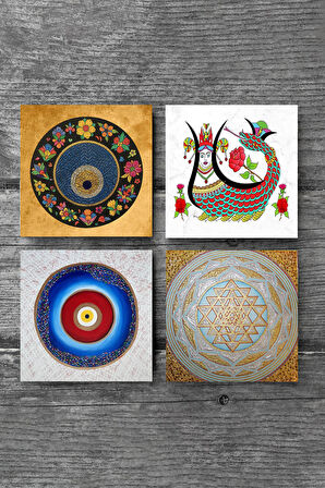 Nazar, Sri Yantra, Şahmeran Taş Bardak Altlığı Masaüstü Koruyucu Altlık 4 Parça Set 10x10cm Stone Coasters