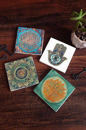 Mandala, Yaşam Çiçeği, Lotus Çiçeği, Fatma Ana Eli (Hamsa) Taş Bardak Altlığı Masaüstü Koruyucu Altlık 4 Parça Set 10x10cm Stone Coasters