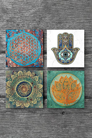 Mandala, Yaşam Çiçeği, Lotus Çiçeği, Fatma Ana Eli (Hamsa) Taş Bardak Altlığı Masaüstü Koruyucu Altlık 4 Parça Set 10x10cm Stone Coasters