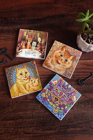Louis Wain Kediler Taş Bardak Altlığı Masaüstü Koruyucu Altlık 4 Parça Set 10x10cm Stone Coasters