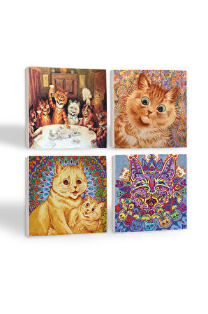 Louis Wain Kediler Taş Bardak Altlığı Masaüstü Koruyucu Altlık 4 Parça Set 10x10cm Stone Coasters