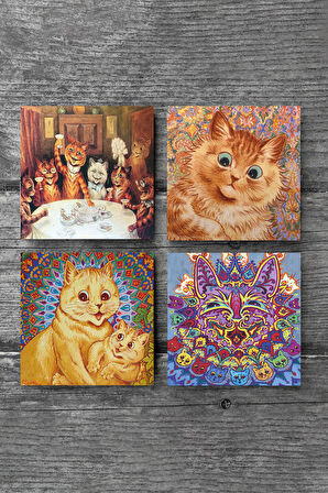 Louis Wain Kediler Taş Bardak Altlığı Masaüstü Koruyucu Altlık 4 Parça Set 10x10cm Stone Coasters
