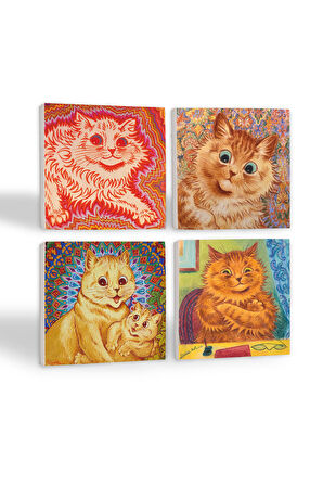 Louis Wain Kediler Taş Bardak Altlığı Masaüstü Koruyucu Altlık 4 Parça Set 10x10cm Stone Coasters