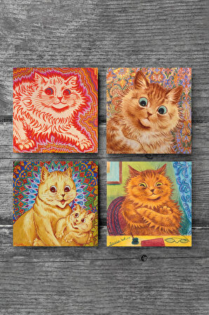 Louis Wain Kediler Taş Bardak Altlığı Masaüstü Koruyucu Altlık 4 Parça Set 10x10cm Stone Coasters