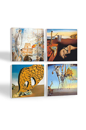 Dalí Belleğin Azmi, Arzunun Gizemi, Antonius, Amerika’nın Keşfi Taş Bardak Altlığı Masaüstü Koruyucu Altlık 4 Parça Set 10x10cm Stone Coasters