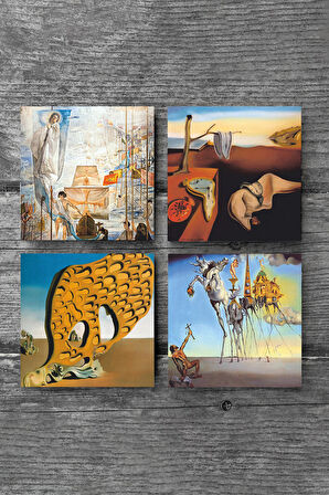Dalí Belleğin Azmi, Arzunun Gizemi, Antonius, Amerika’nın Keşfi Taş Bardak Altlığı Masaüstü Koruyucu Altlık 4 Parça Set 10x10cm Stone Coasters
