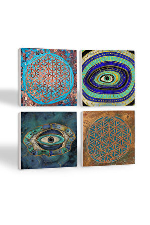 Nazar, Yaşam Çiçeği Taş Bardak Altlığı Masaüstü Koruyucu Altlık 4 Parça Set 10x10cm Stone Coasters