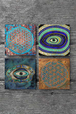 Nazar, Yaşam Çiçeği Taş Bardak Altlığı Masaüstü Koruyucu Altlık 4 Parça Set 10x10cm Stone Coasters