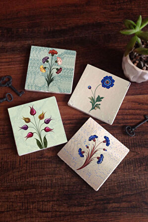 Ebru Sanatı, Lale Taş Bardak Altlığı Masaüstü Koruyucu Altlık 4 Parça Set 10x10cm Stone Coasters