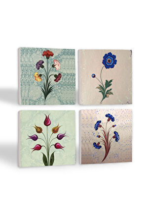 Ebru Sanatı, Lale Taş Bardak Altlığı Masaüstü Koruyucu Altlık 4 Parça Set 10x10cm Stone Coasters